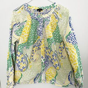 Talbots Medium Petite Green Yellow Blue Paisley Smocked Button Down Long Slv Top